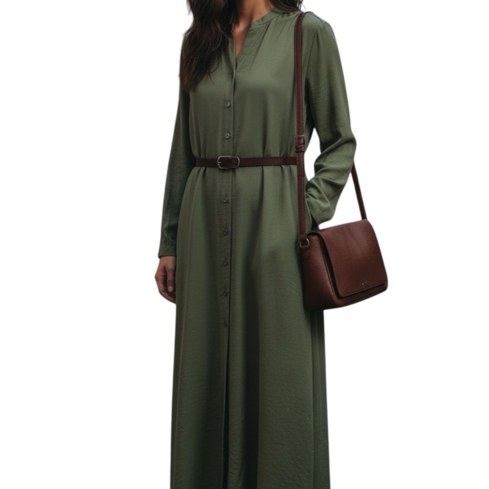Banana Republic Button-Down Long Sleeve Maxi Kaftan Dress in Olive Green XS Tall - Picture 2 of 9